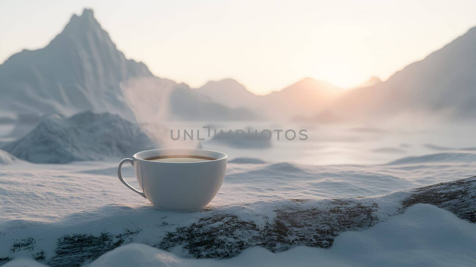 A steaming cup of coffee in a serene snowy landscape at sunrise.