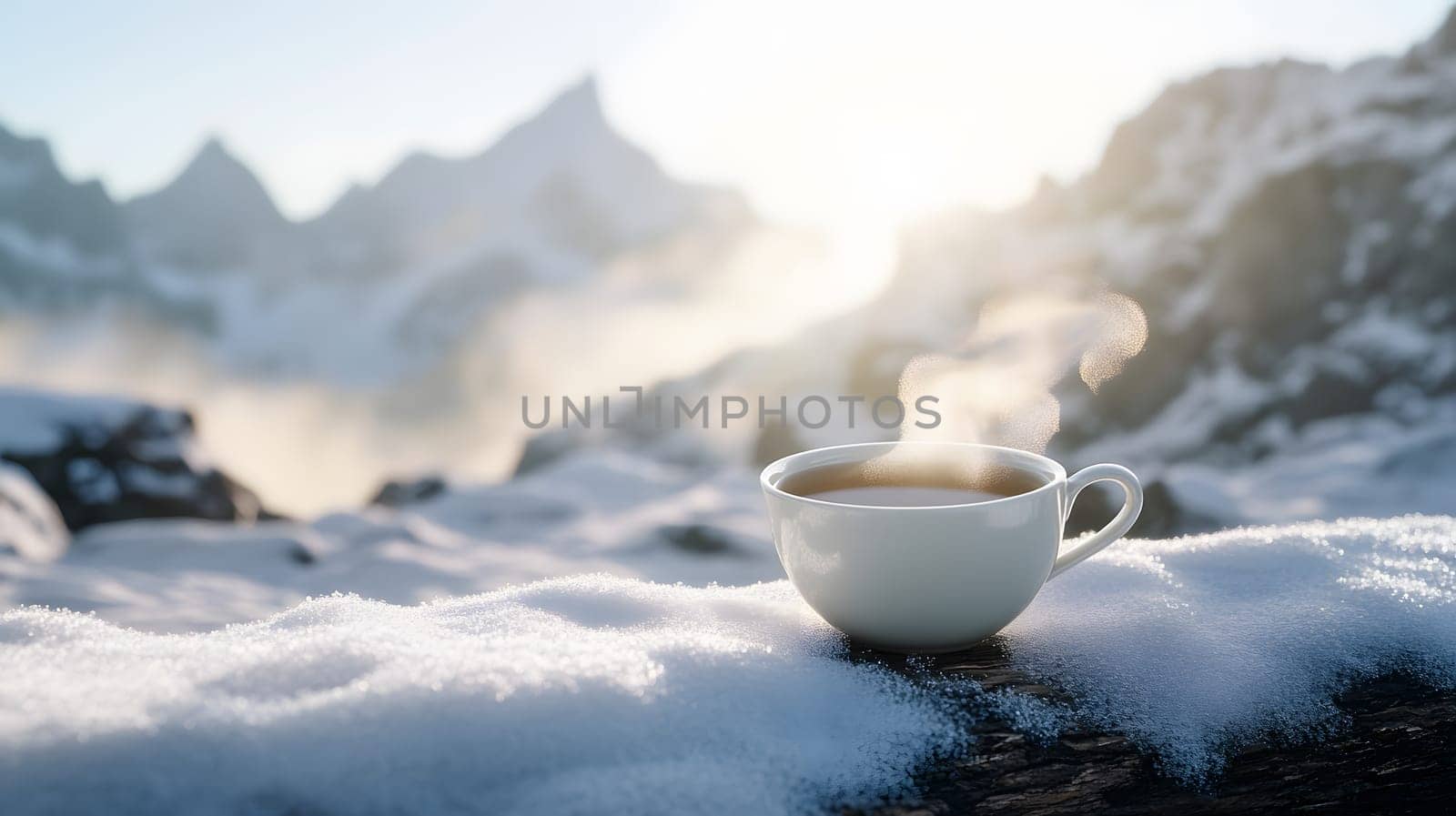A steaming cup of coffee on snow-covered rocks in a mountain landscape.