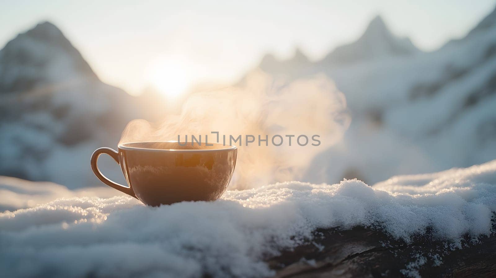 A steaming cup of coffee sits on snow, with mountains in the background.