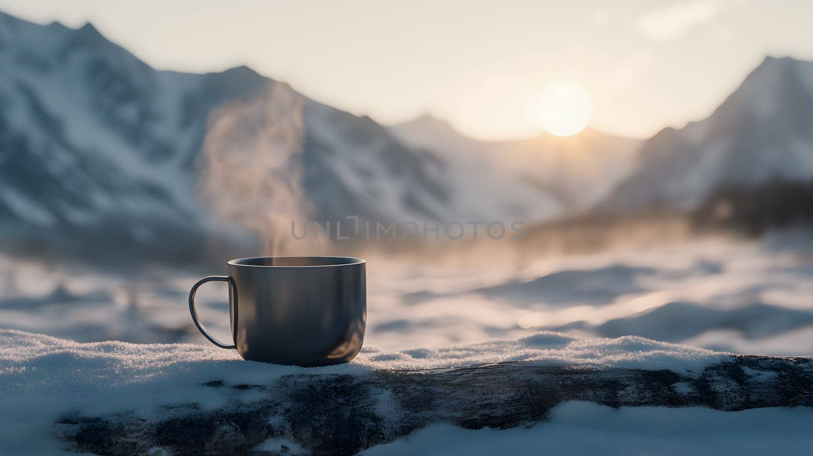A steaming cup on a snowy landscape with mountains and sunrise.