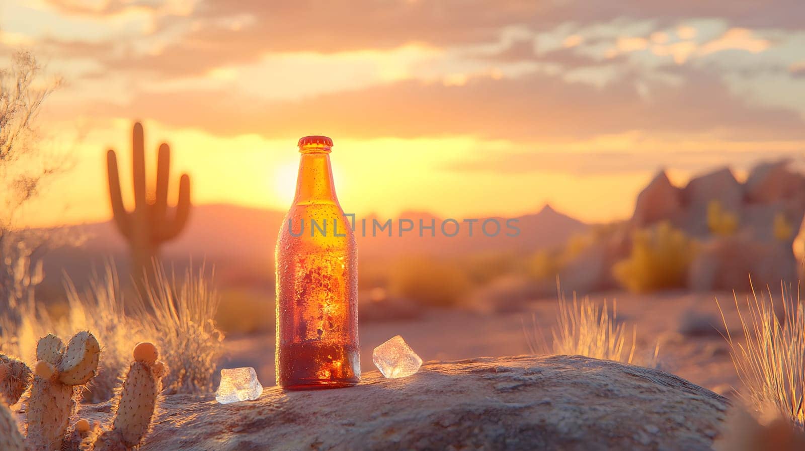 A sunlit bottle on a rock with ice, surrounded by desert scenery.