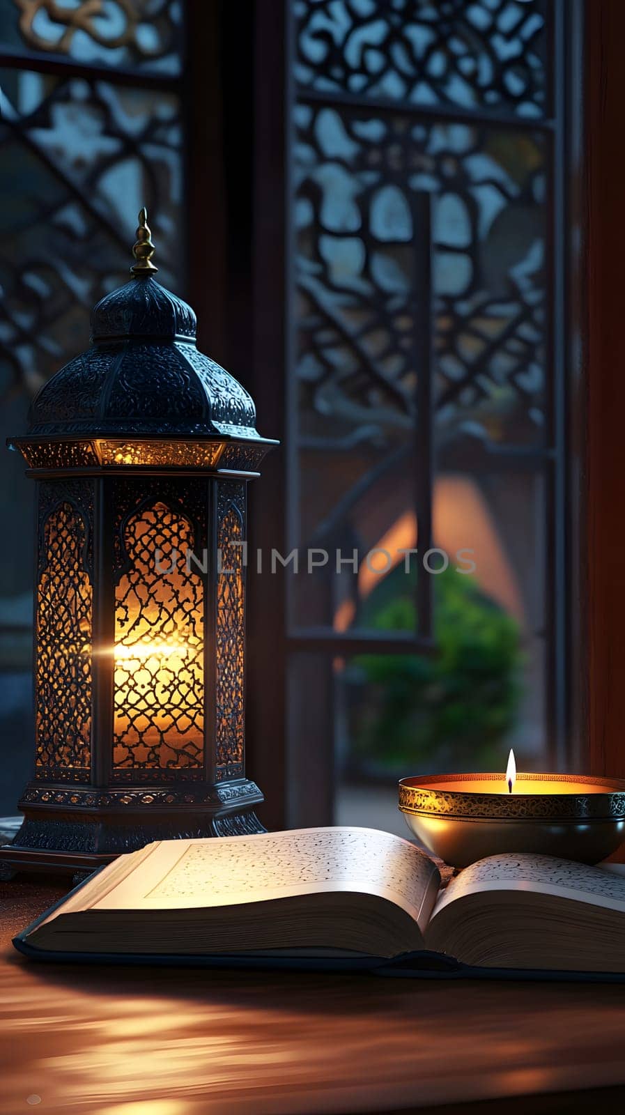 A tranquil scene with a lantern, candle, and an open book.