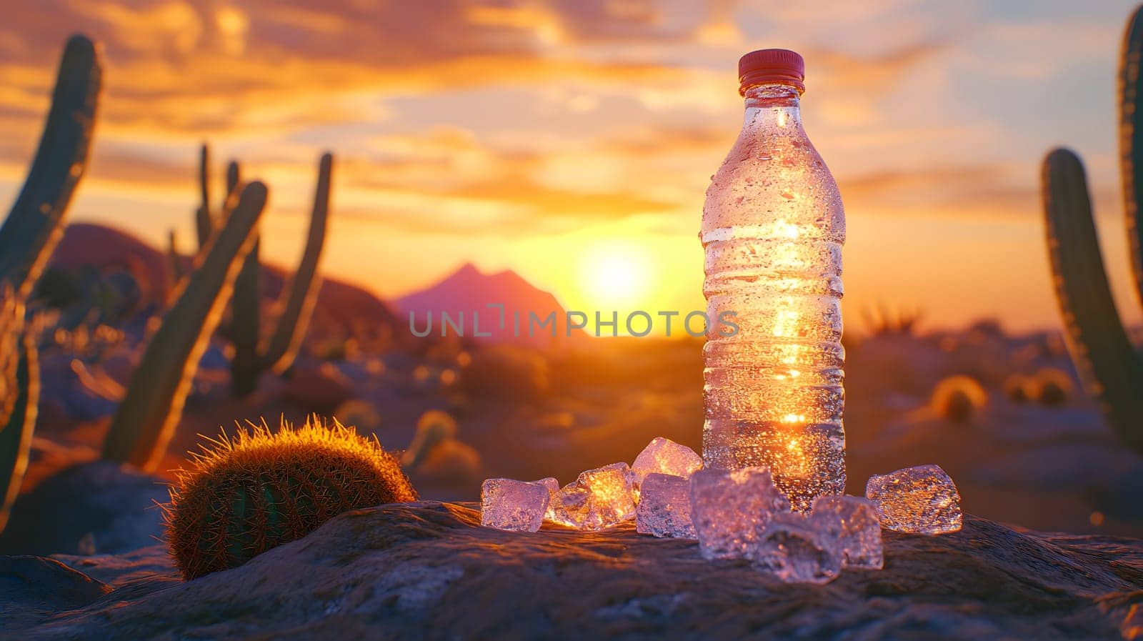 A water bottle surrounded by ice and cacti at sunset.