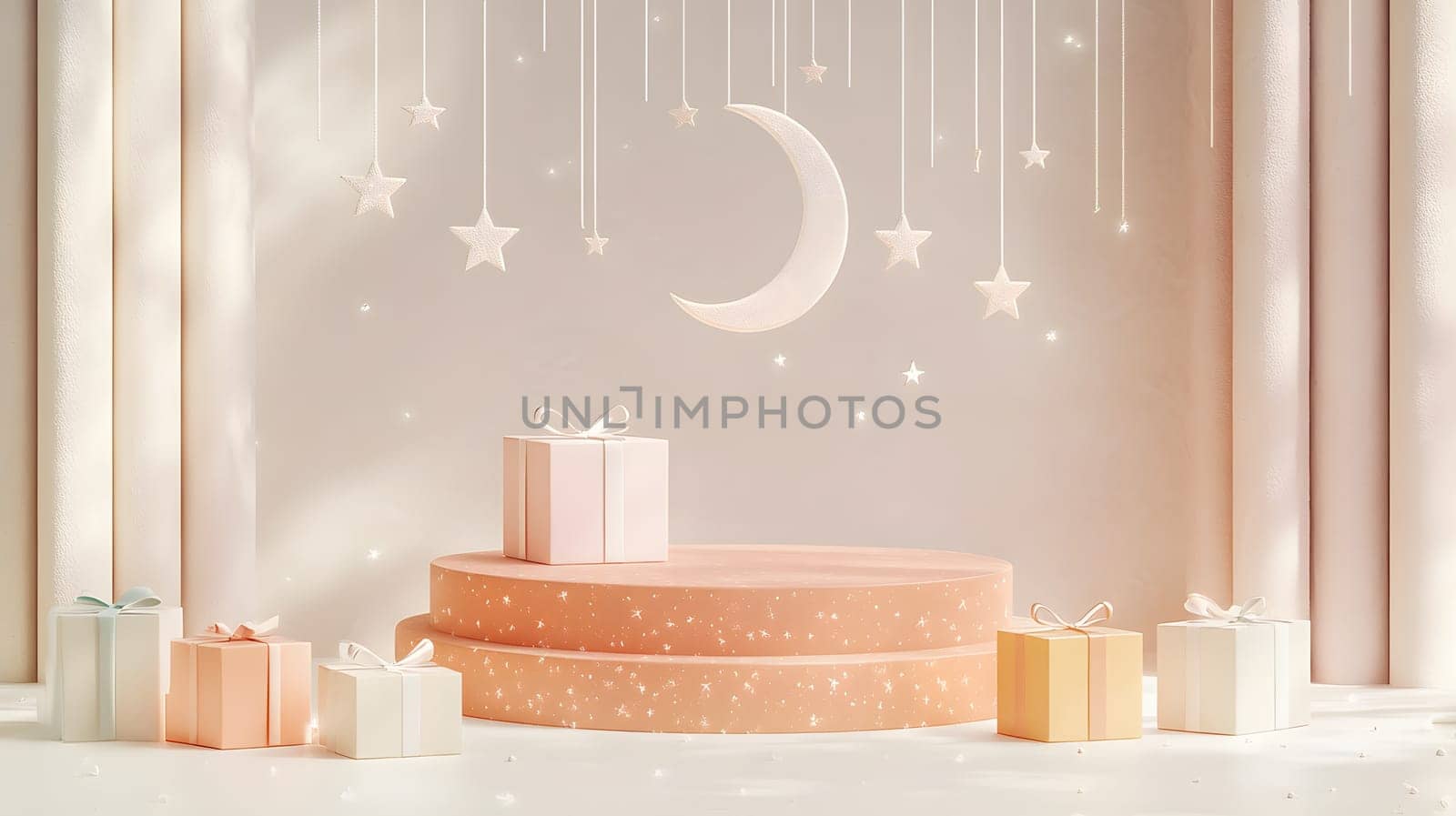 A whimsical display with gifts, stars, and a crescent moon backdrop.