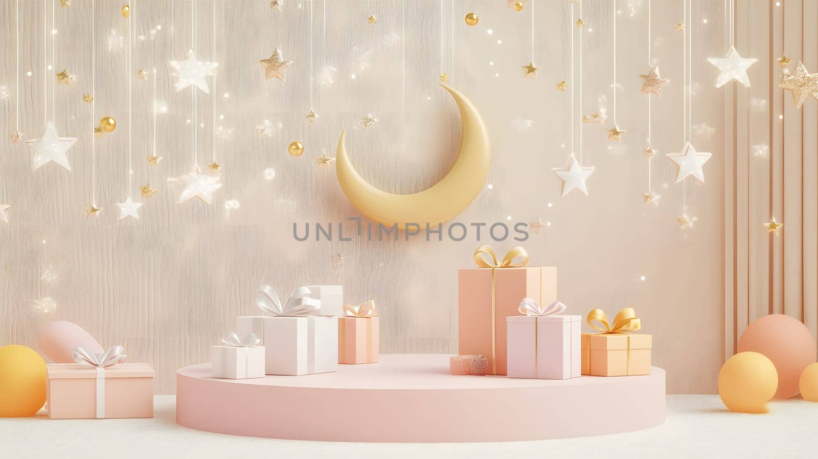 A whimsical setup with gifts, stars, and a crescent moon backdrop.