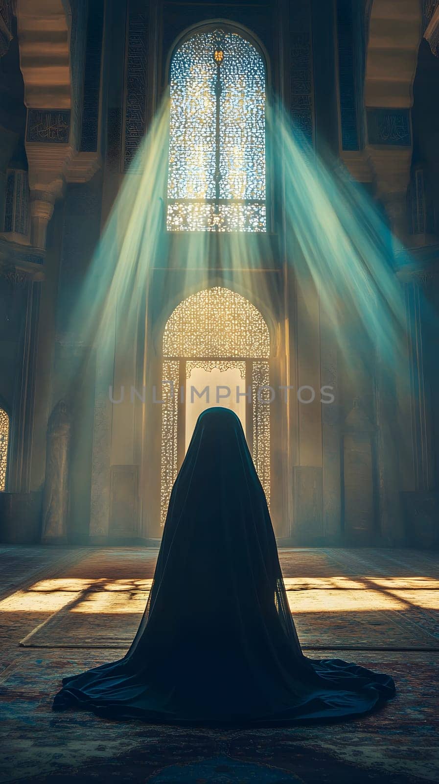 A woman in a veil prays in a sunlit, ornate interior space.