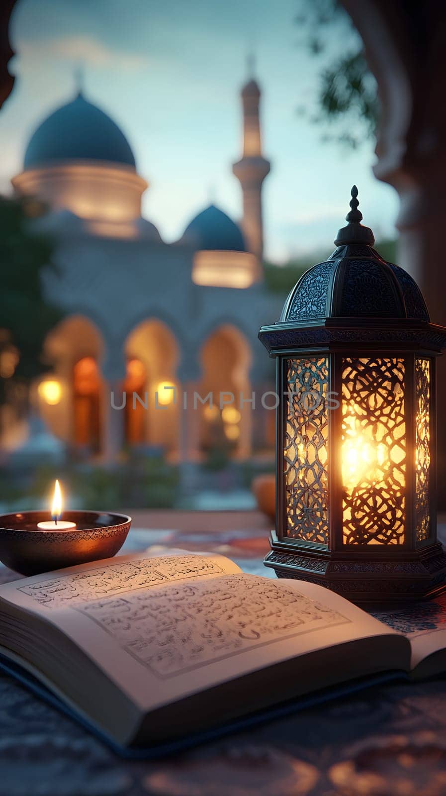 An illuminated lantern beside an open book in a serene courtyard.