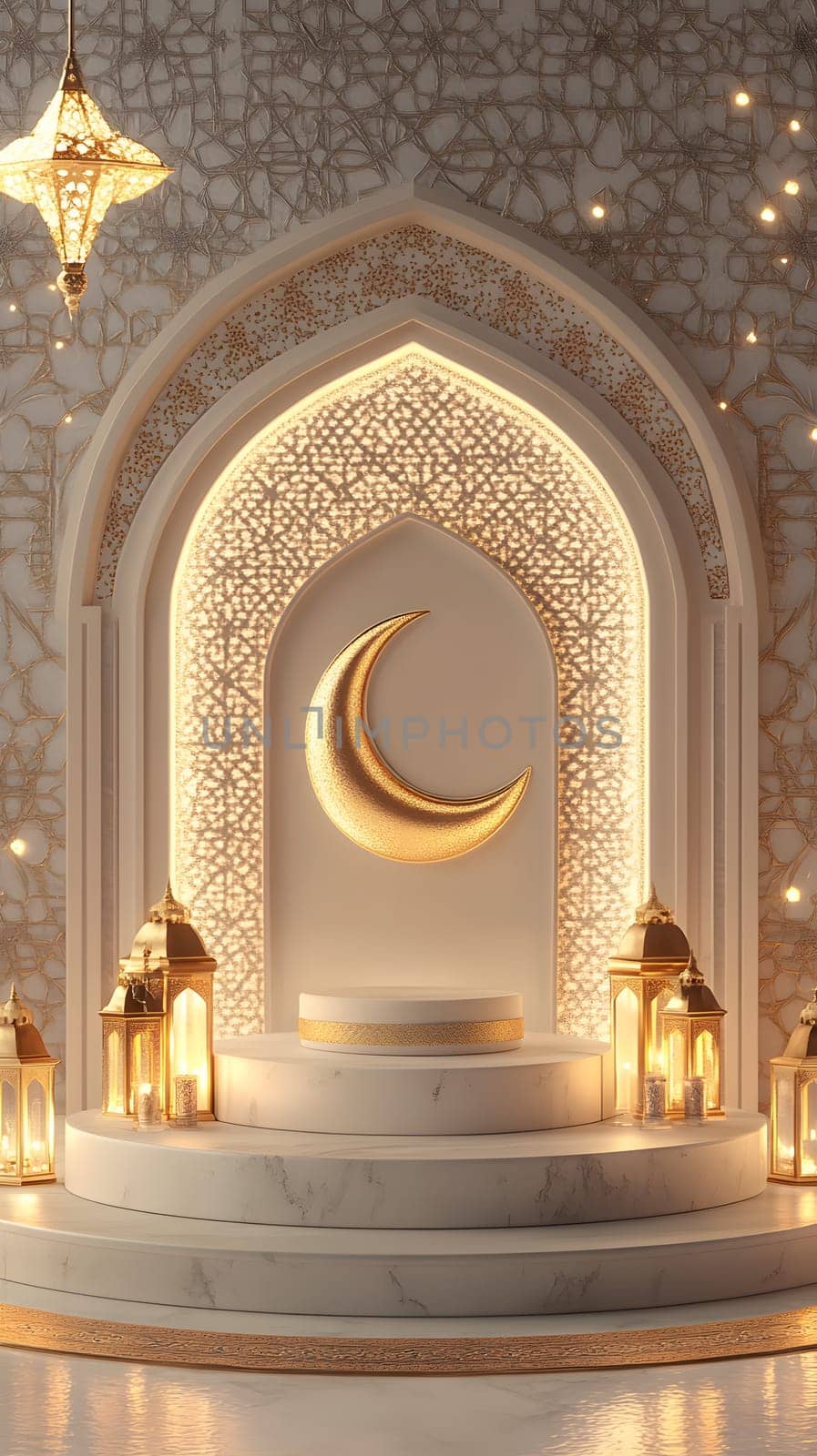 Elegant decorative arch with crescent moon and lanterns.