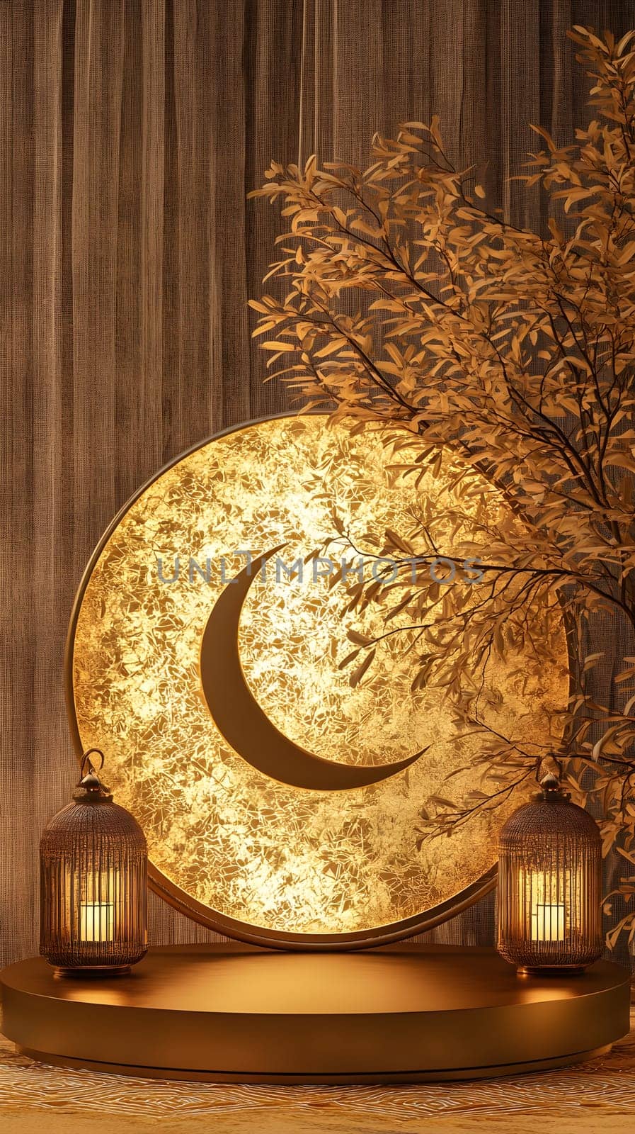 Elegant golden crescent moon display with lanterns and foliage.