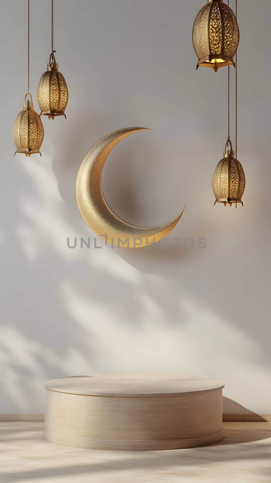 Elegant interior with crescent moon and hanging lanterns for ambiance.
