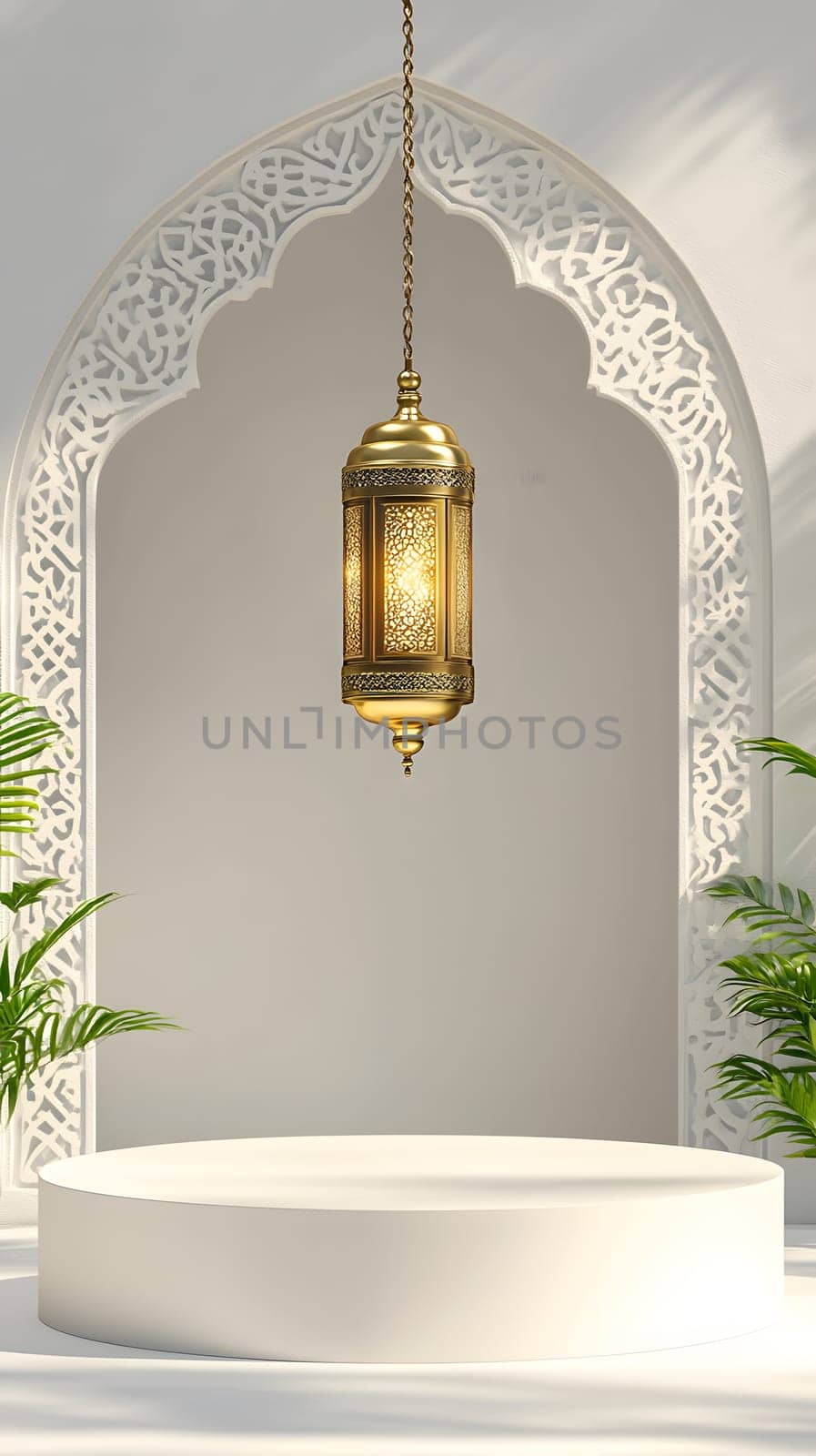 Elegant lantern hanging in a decorative archway with greenery.