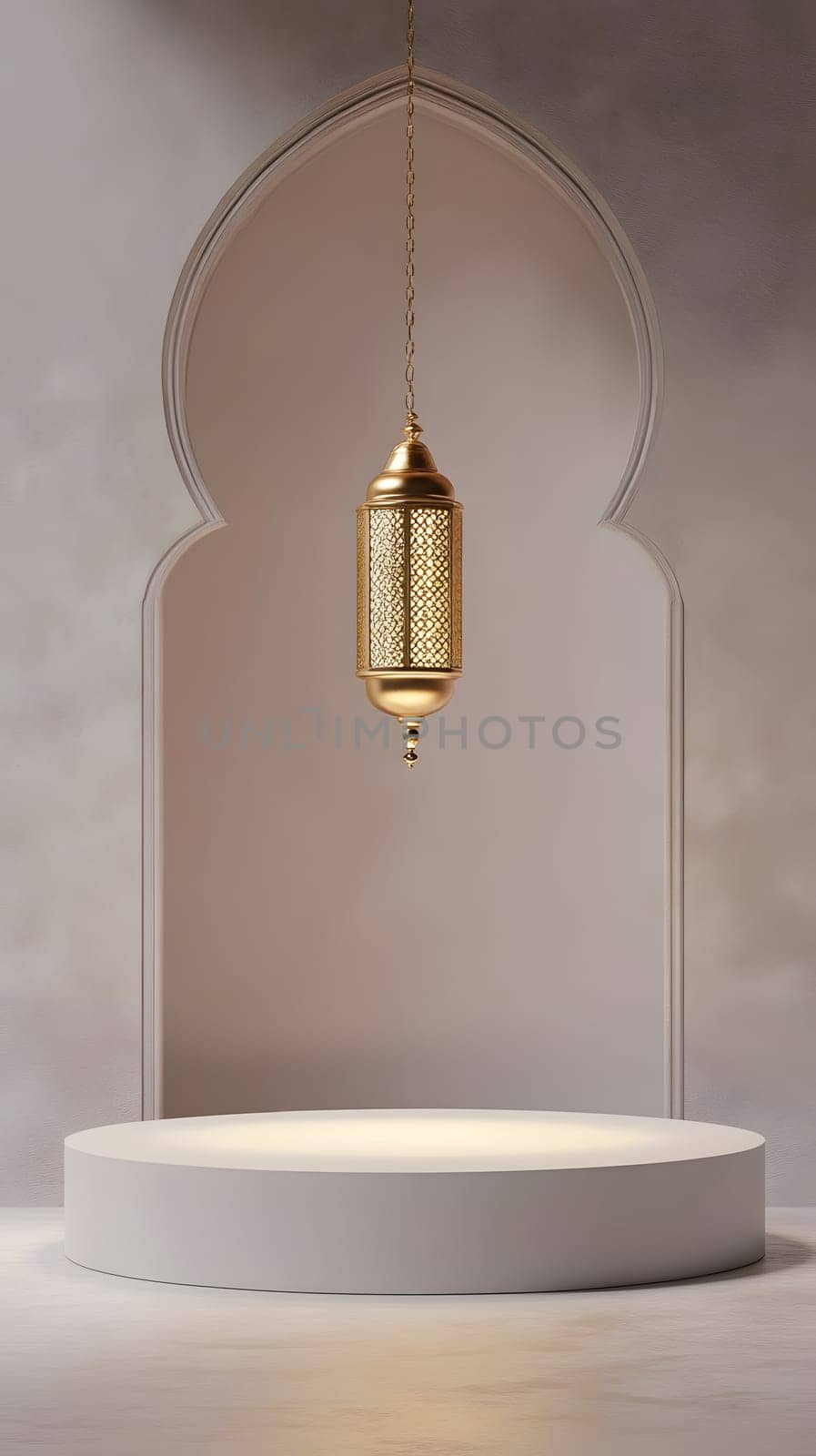 Elegant lantern suspended in an archway over a circular platform.