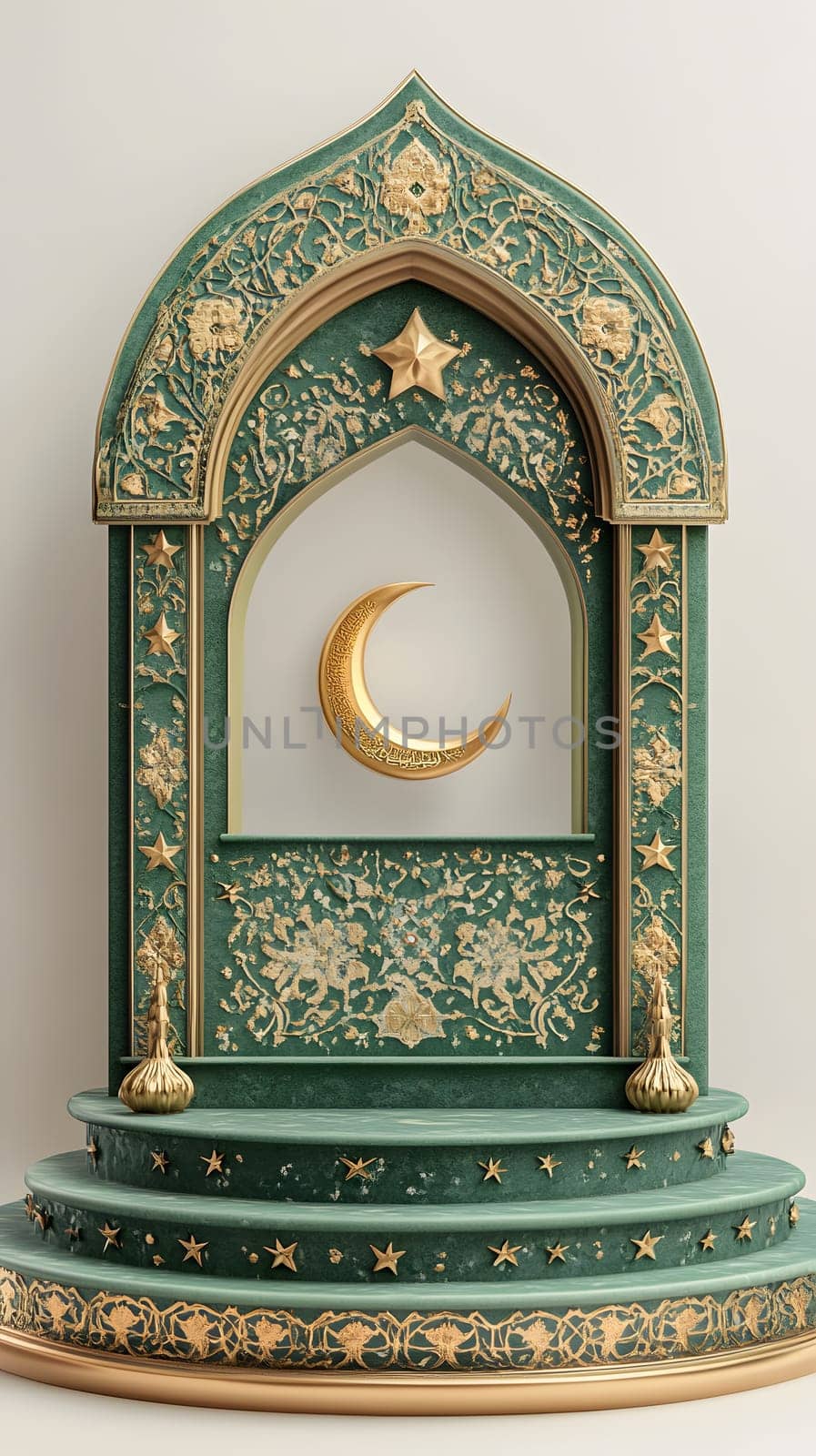 Ornate green archway with a crescent moon, showcasing intricate design.