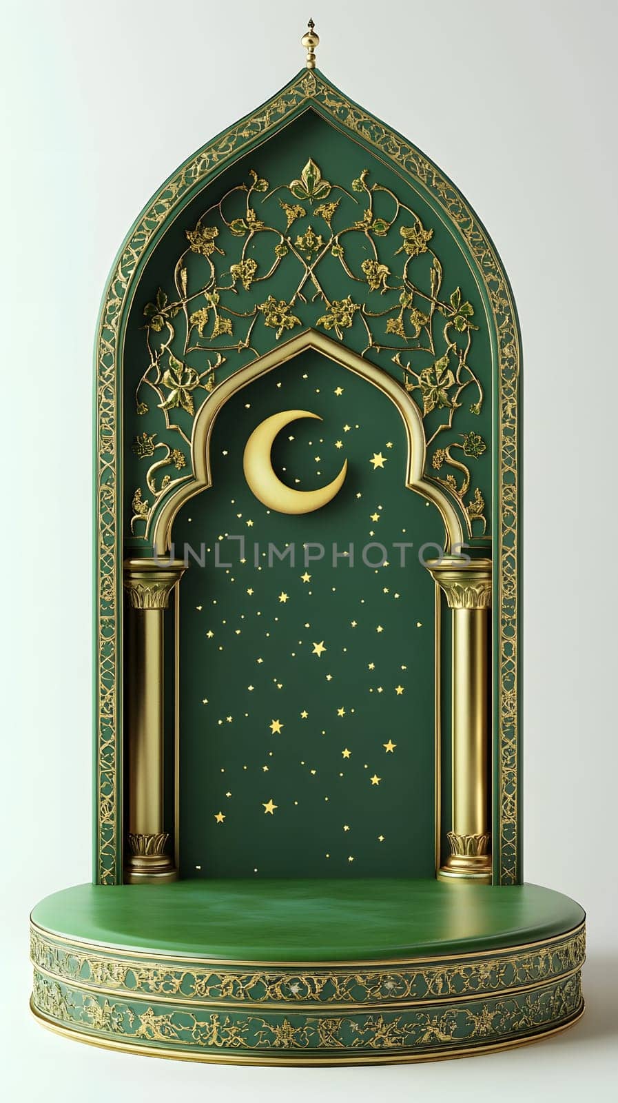 Ornate green archway with crescent moon and starry background.