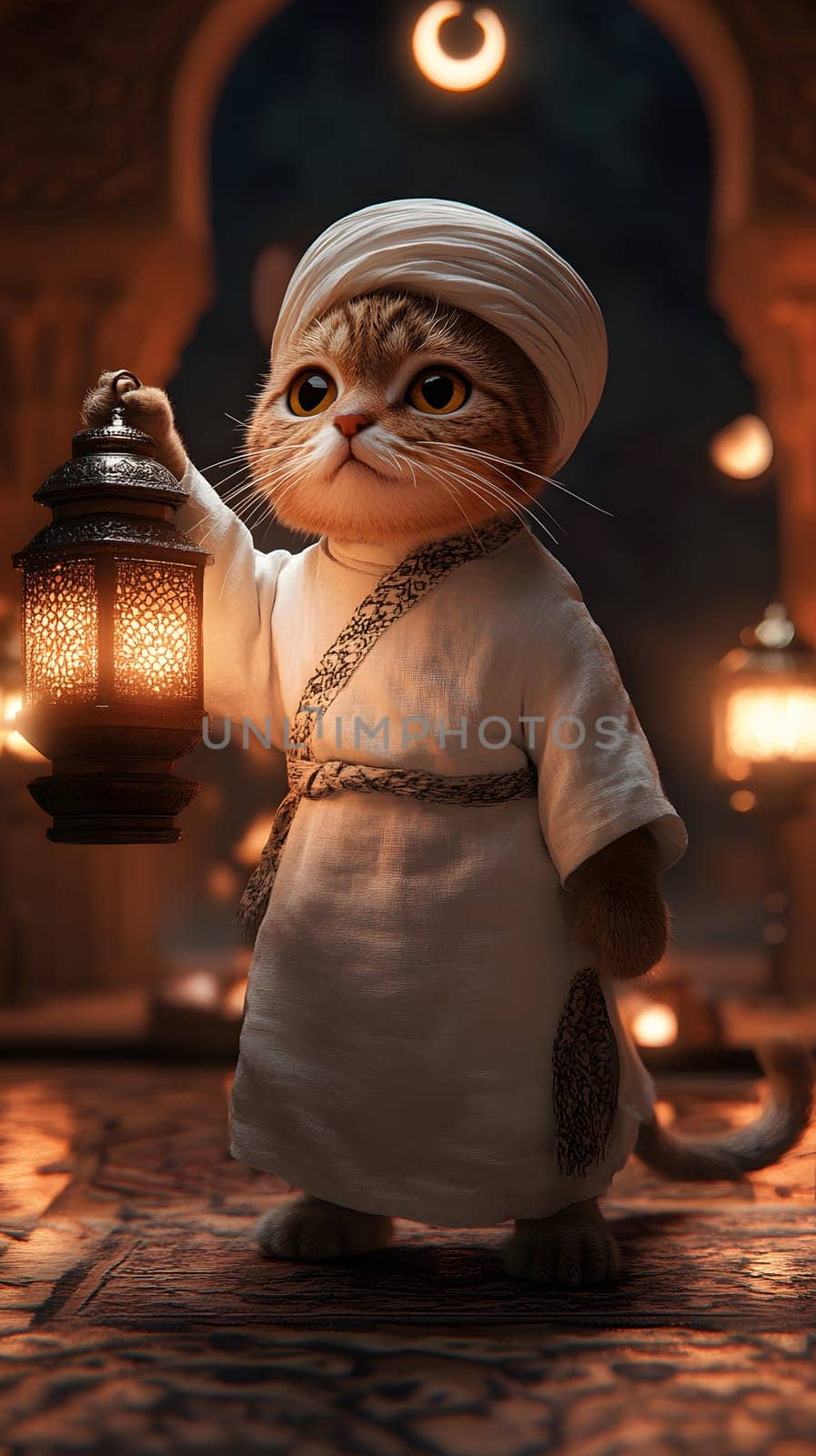 A cat dressed in traditional attire holding a lantern in a mystical setting.