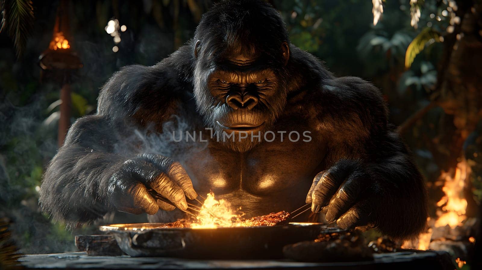 A gorilla cooking over a fire in a lush, tropical setting.