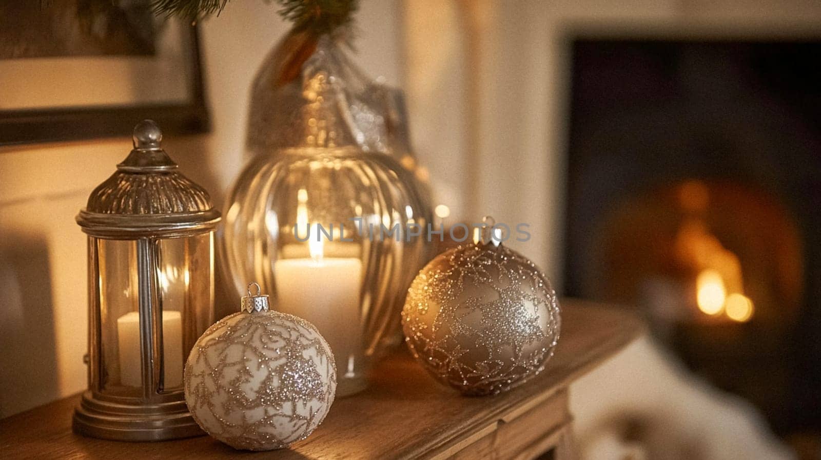 Christmas, holiday decor and country cottage style, cosy atmosphere, decorated Christmas tree in the English countryside house living room with fireplace, interior decoration idea