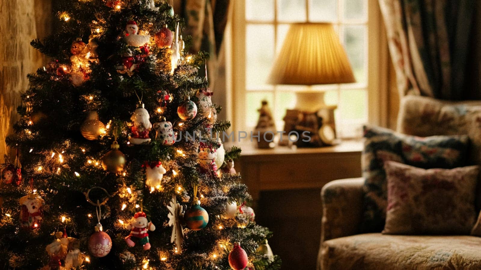 Christmas, holiday decor and country cottage style, cosy atmosphere, decorated Christmas tree in the English countryside house living room with fireplace, interior decoration idea