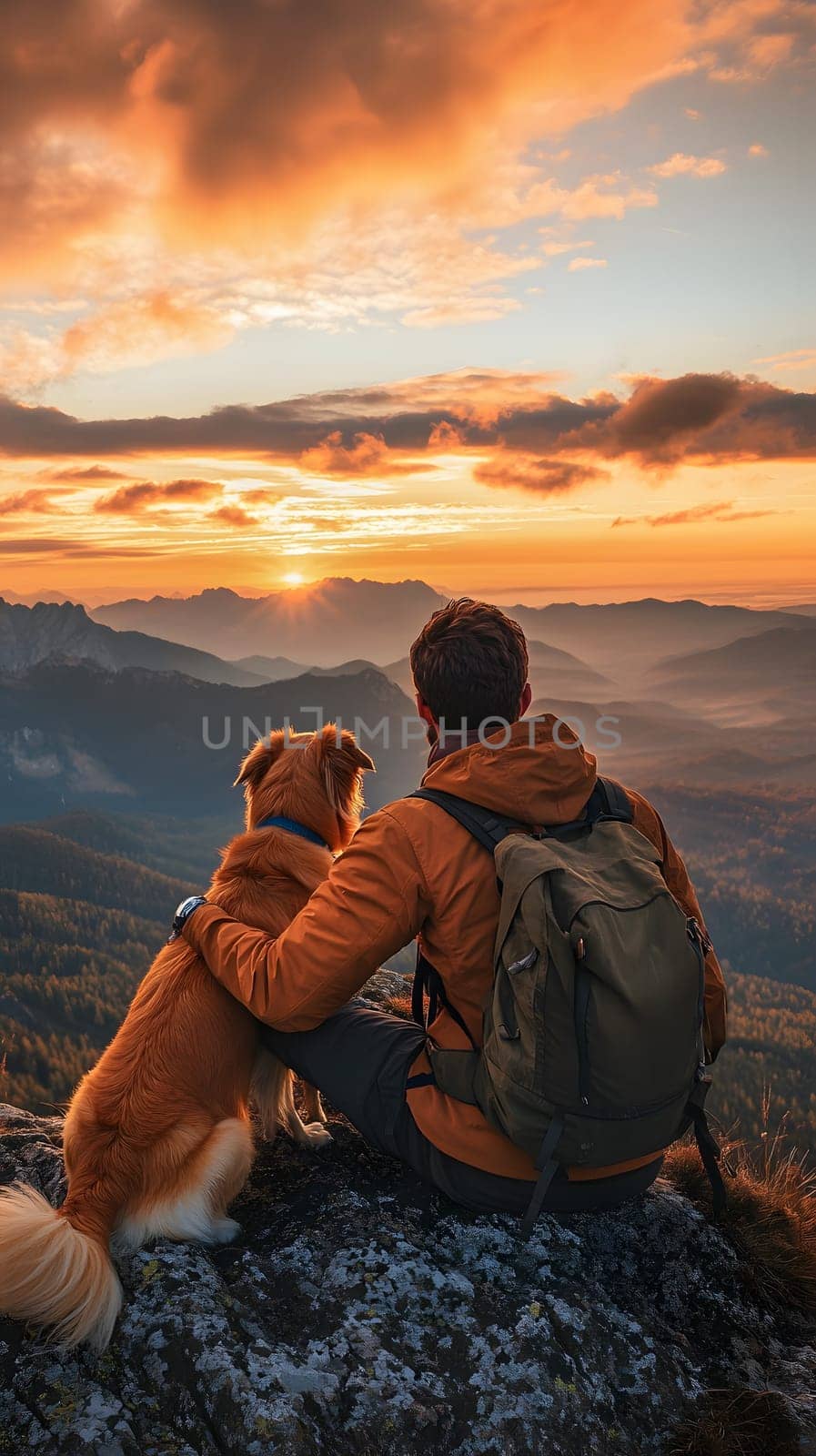 A person and dog enjoy a sunset view from a mountain peak.
