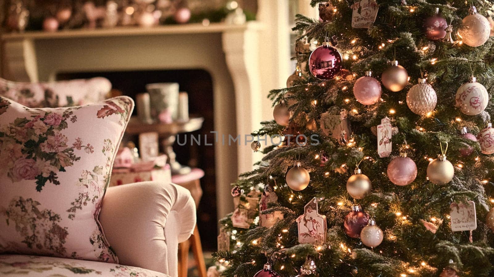Christmas, holiday decor and country cottage style, cosy atmosphere, decorated Christmas tree in the English countryside house living room with fireplace, interior decoration idea