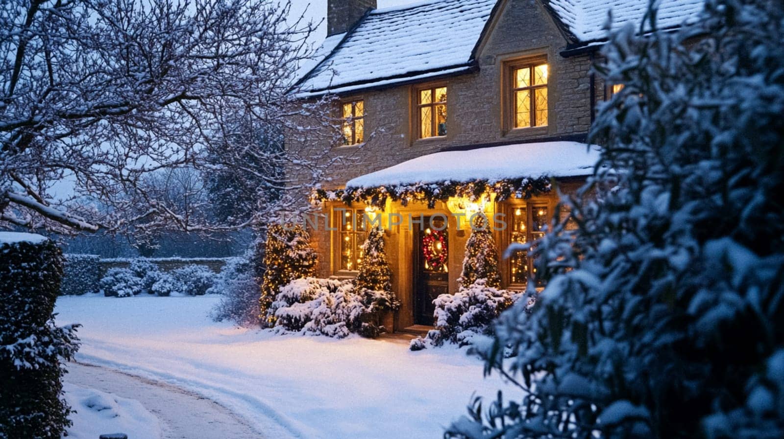 Christmas in the countryside, cottage decorated for holidays on a snowy winter evening with snow and holiday lights, English country styling inspiration