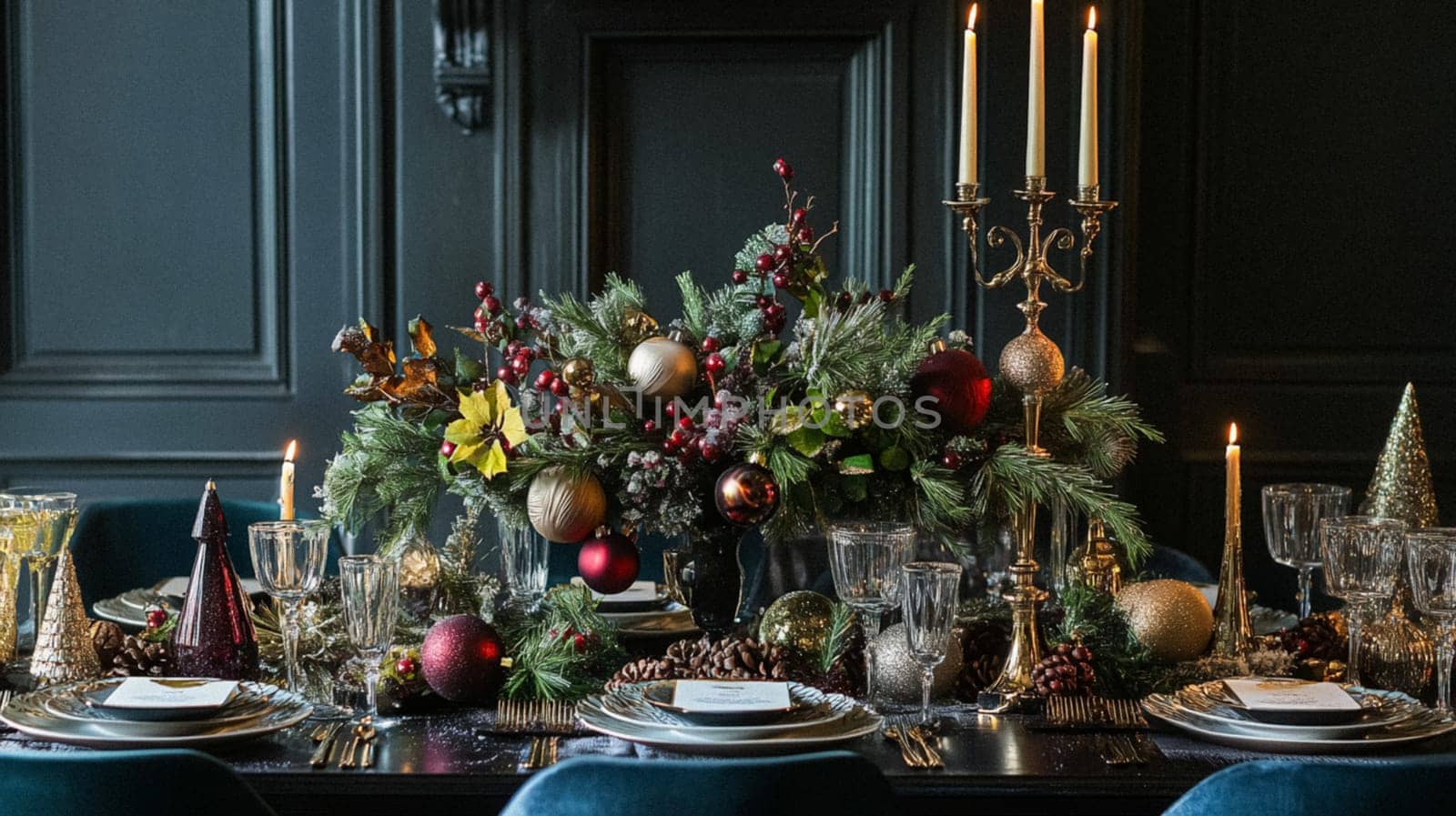 Christmas tablescape decoration, formal family dinner holiday celebration, luxury table setting decor, English country and home style idea
