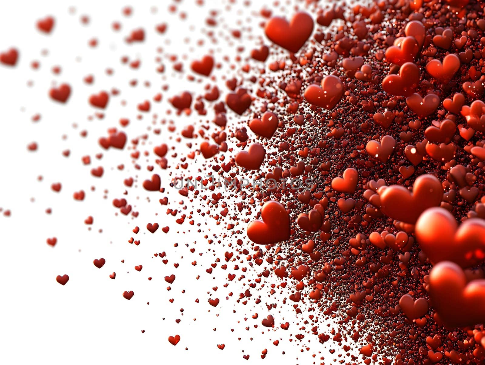 Dynamic abstract composition featuring countless red hearts bursting outward on a white background, symbolizing love, passion, and celebration in a vibrant and festive design.