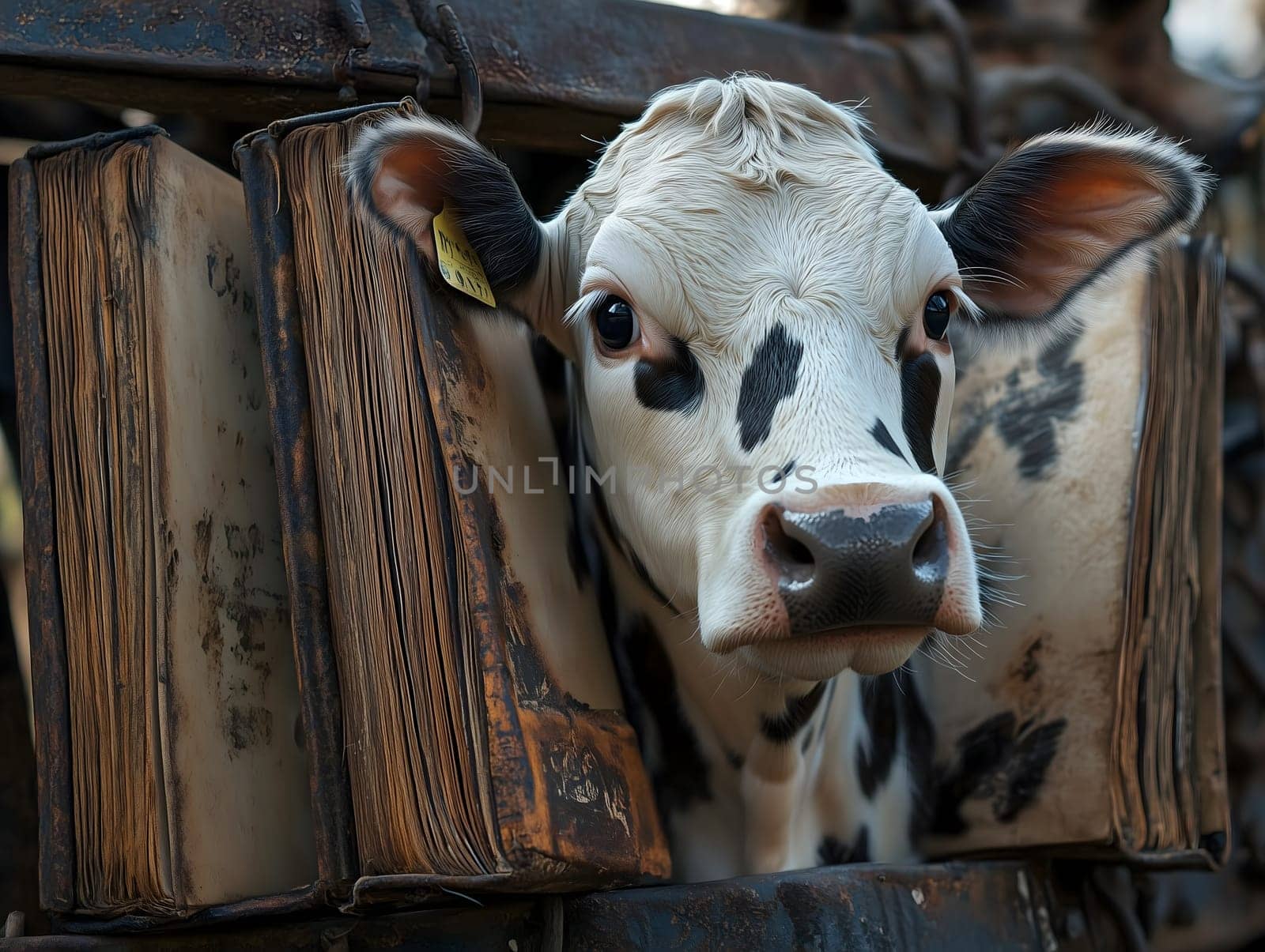 Close-up of a black-and-white cow peering through a frame of weathered vintage books, creating a unique and whimsical rural scene with textured and rustic details.
