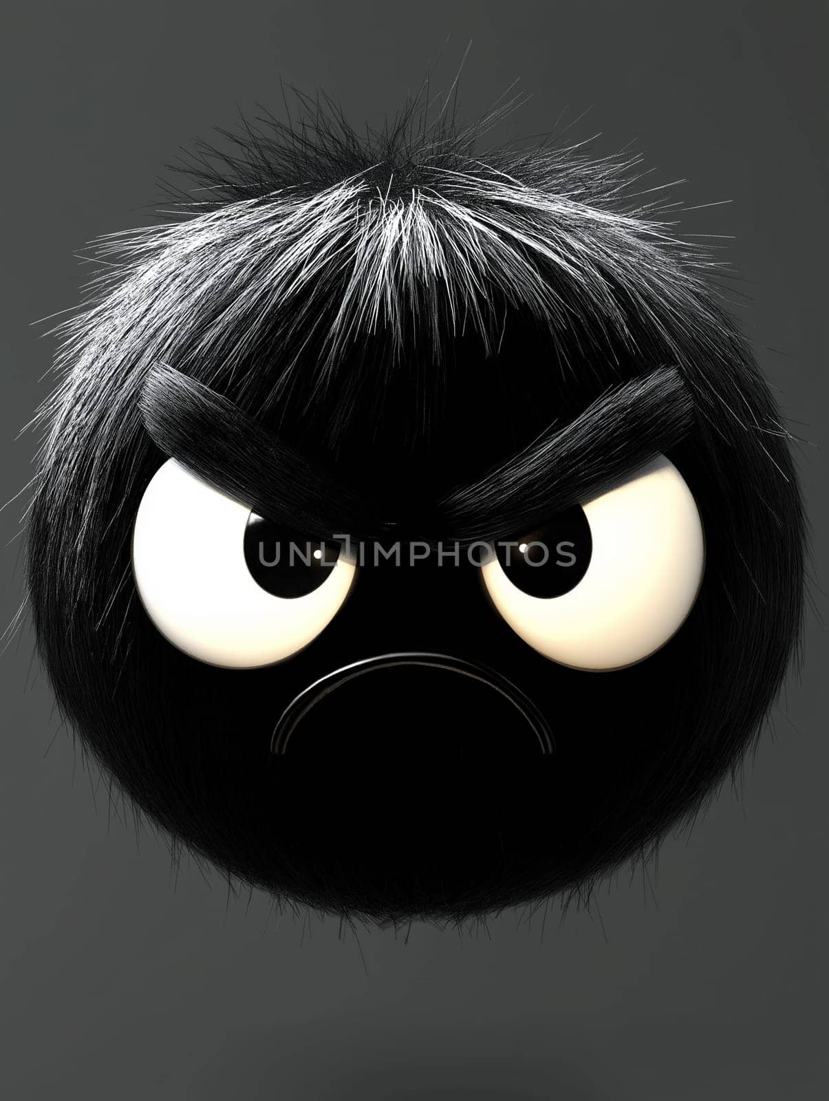 An angry, furry creature, likely a digital character, displays a scowling expression. Its black fur and wide, glaring eyes convey its displeasure.