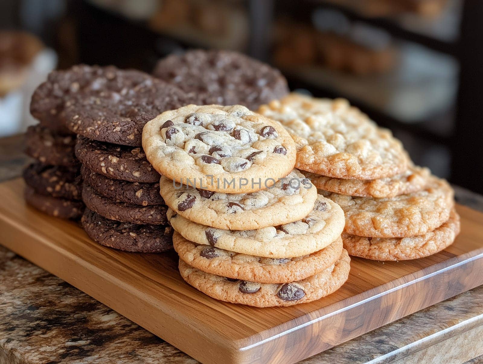 Stacks of chocolate chip and possibly oatmeal raisin cookies are displayed on a wooden board. Likely a bakery's display, showcasing their baked goods.