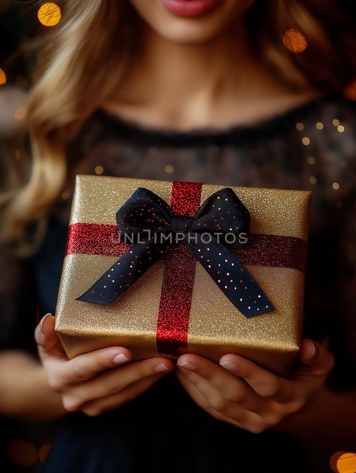 A woman holds a gold gift box, adorned with a black ribbon and red trim. A Christmas-themed setting suggests a gift-giving occasion.