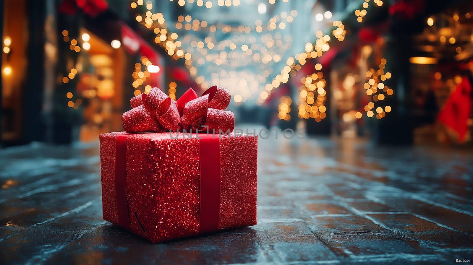 A red gift box, beautifully wrapped, sits on a city street. Christmas lights twinkle in the background, creating a festive atmosphere. The gift is a present for someone.