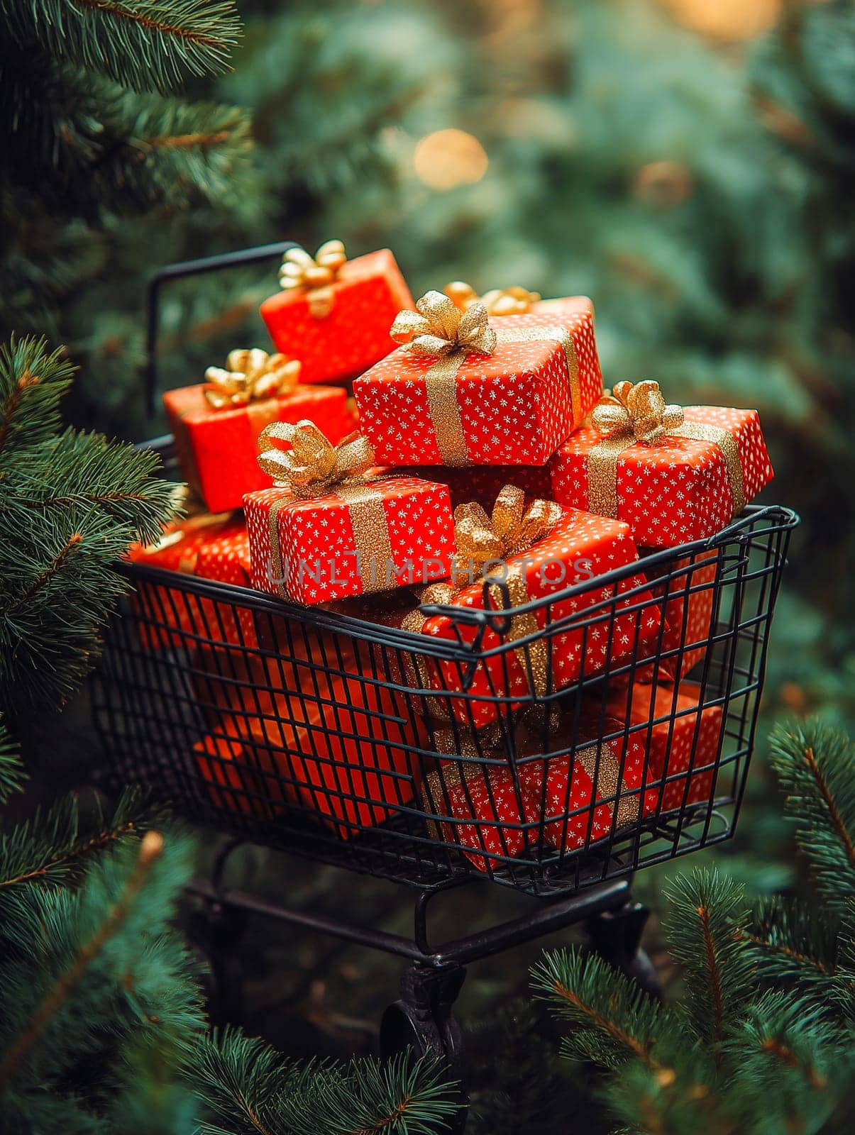 Red gift boxes, gold ribbons, nestled in a shopping cart amongst Christmas trees. A festive display.