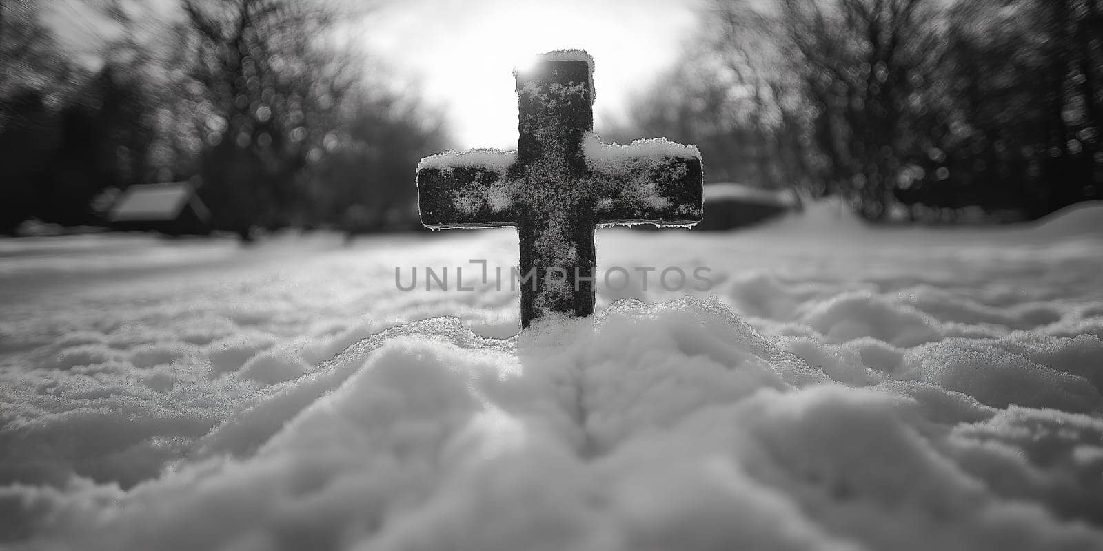 A weathered cross, frosted with snow, stands in a snowy cemetery. Nature's artistry marks a place of remembrance.