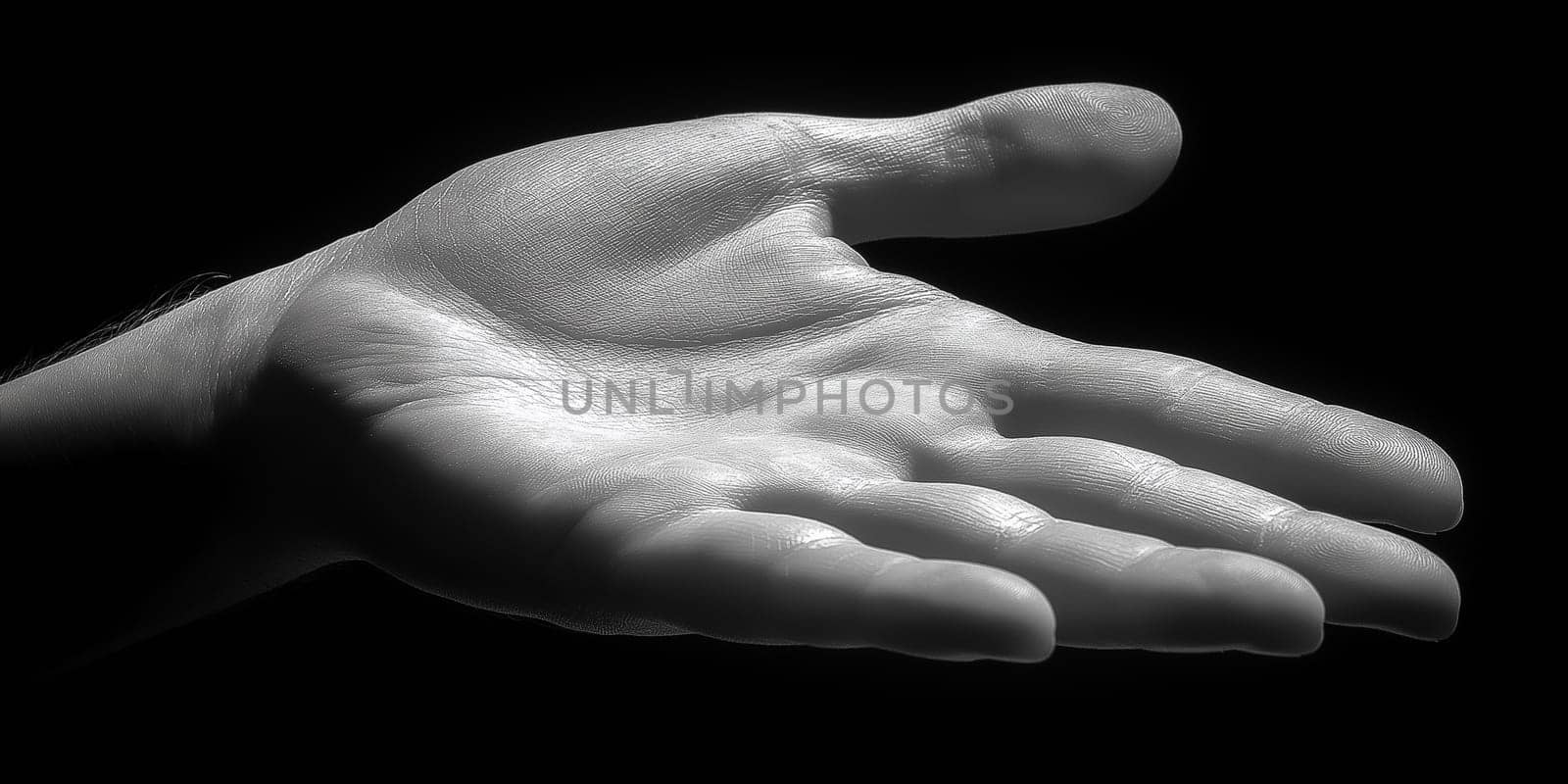An outstretched hand, details of the skin's texture highlighted. The focus is on the intricate patterns of the hand's surface.