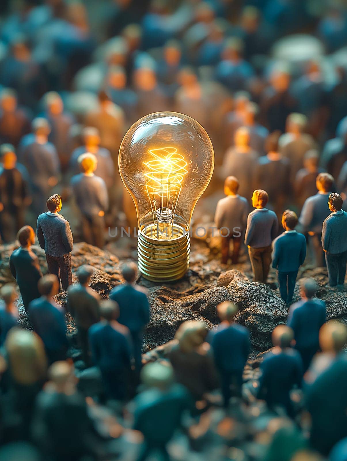 Tiny figures, a glowing lightbulb, and inspiration. A crowd of miniature people observe a brilliant idea. Innovation amidst the masses.