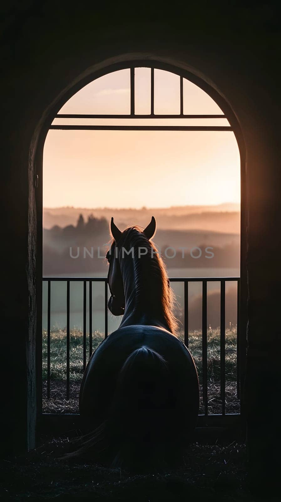 A horse gazes out from a barn at a serene sunrise landscape.