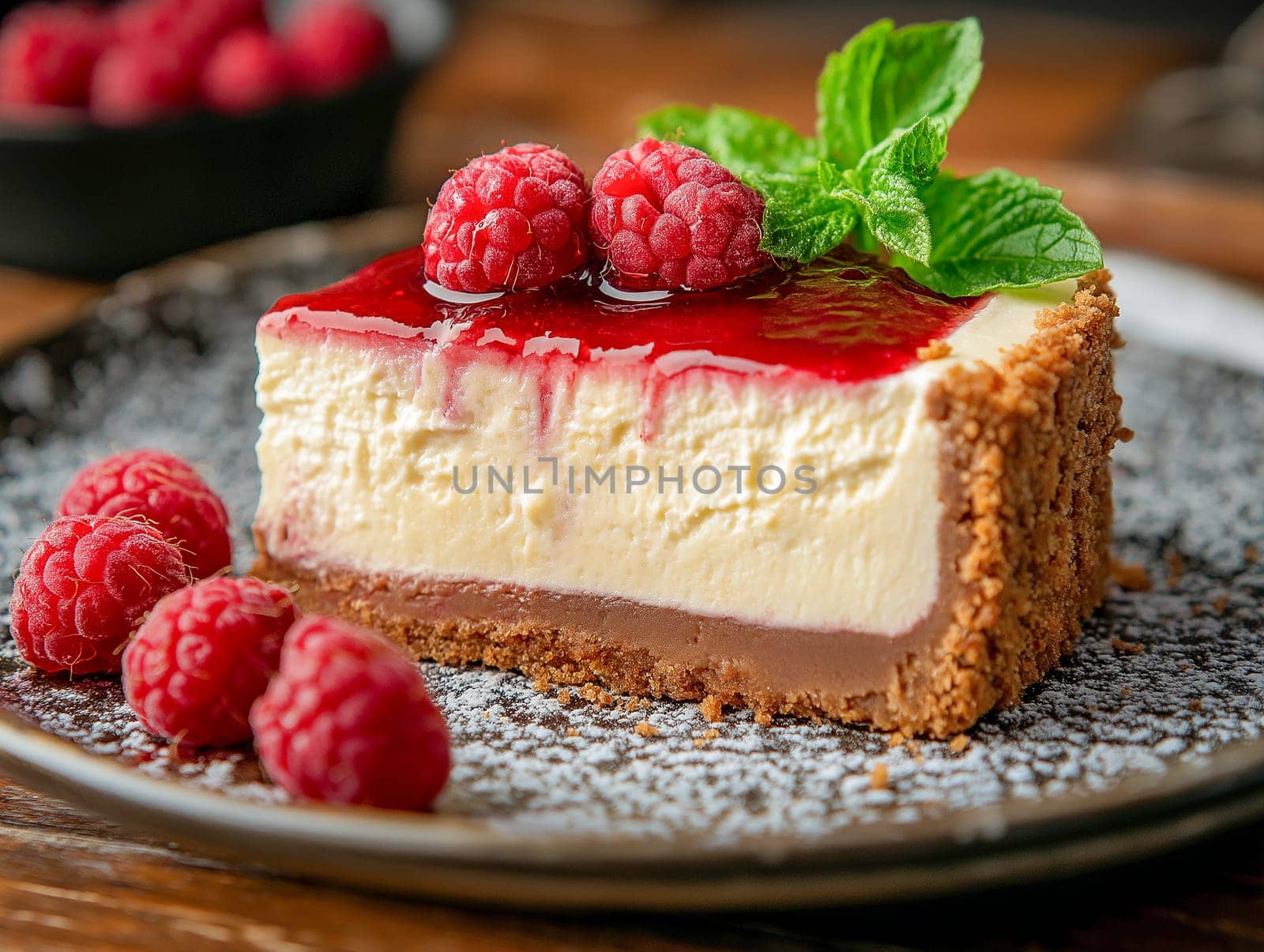 Delicious slice of raspberry cheesecake. Fresh raspberries and mint garnish a creamy, white cheesecake, topped with a sweet red glaze. A delightful dessert.