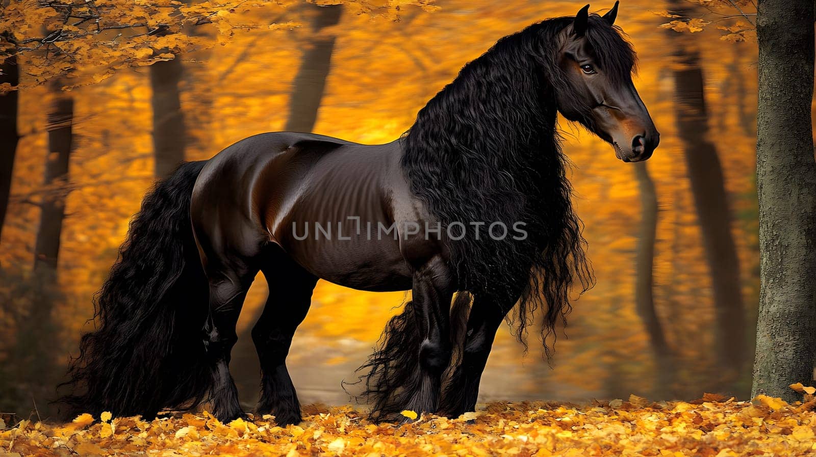 A majestic black horse stands amidst autumn foliage.