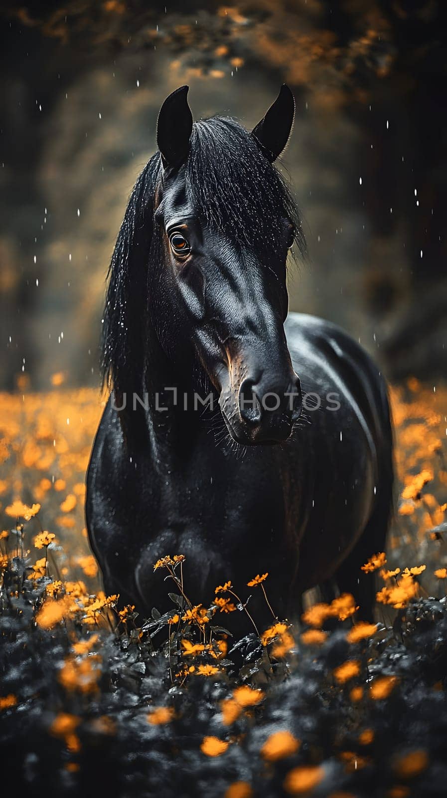 A majestic black horse stands amidst vibrant orange flowers.