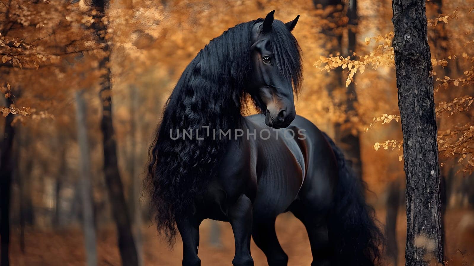 A majestic black horse stands in a forest of autumn foliage.