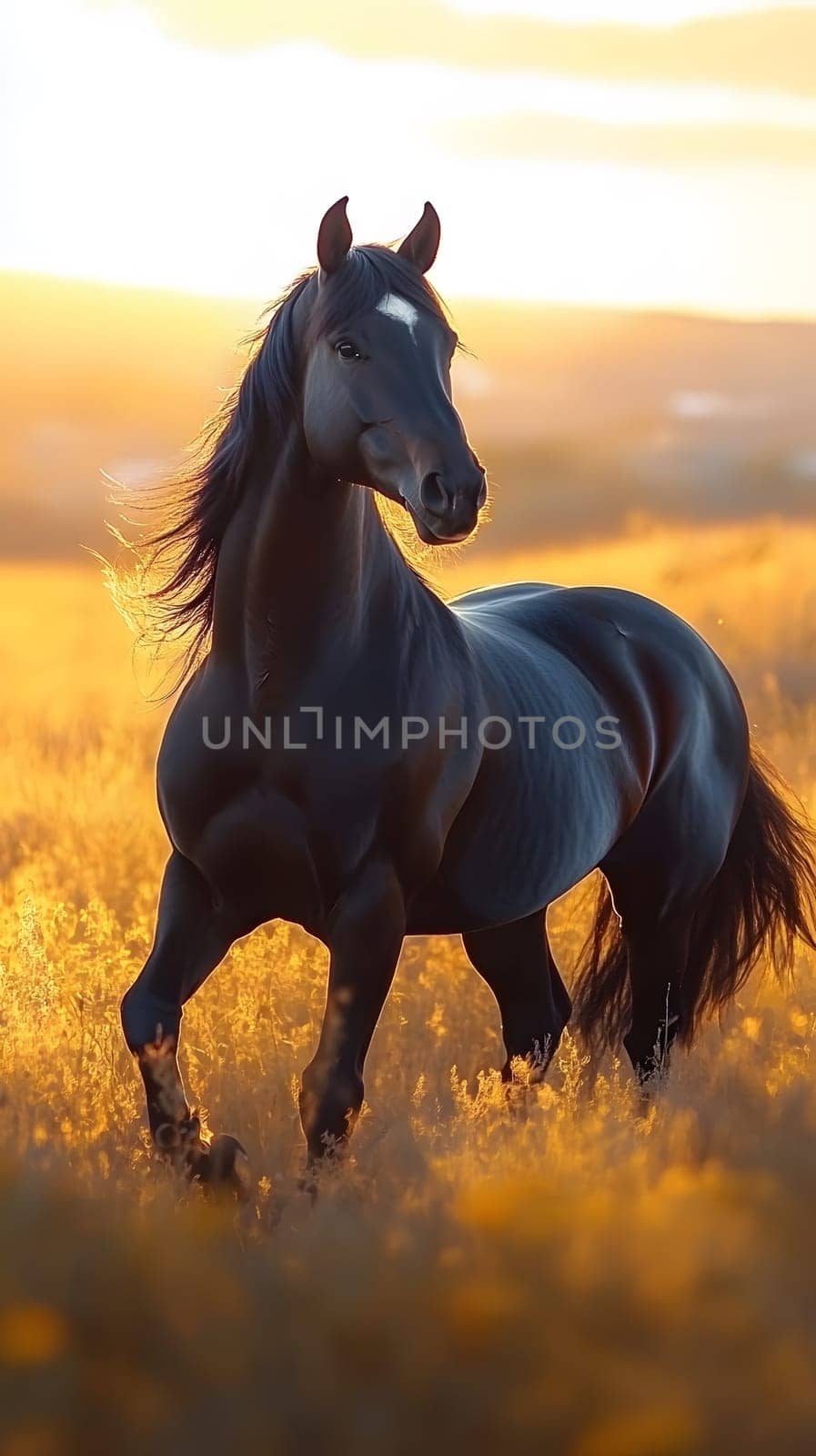A majestic black horse stands in a golden field at sunset.