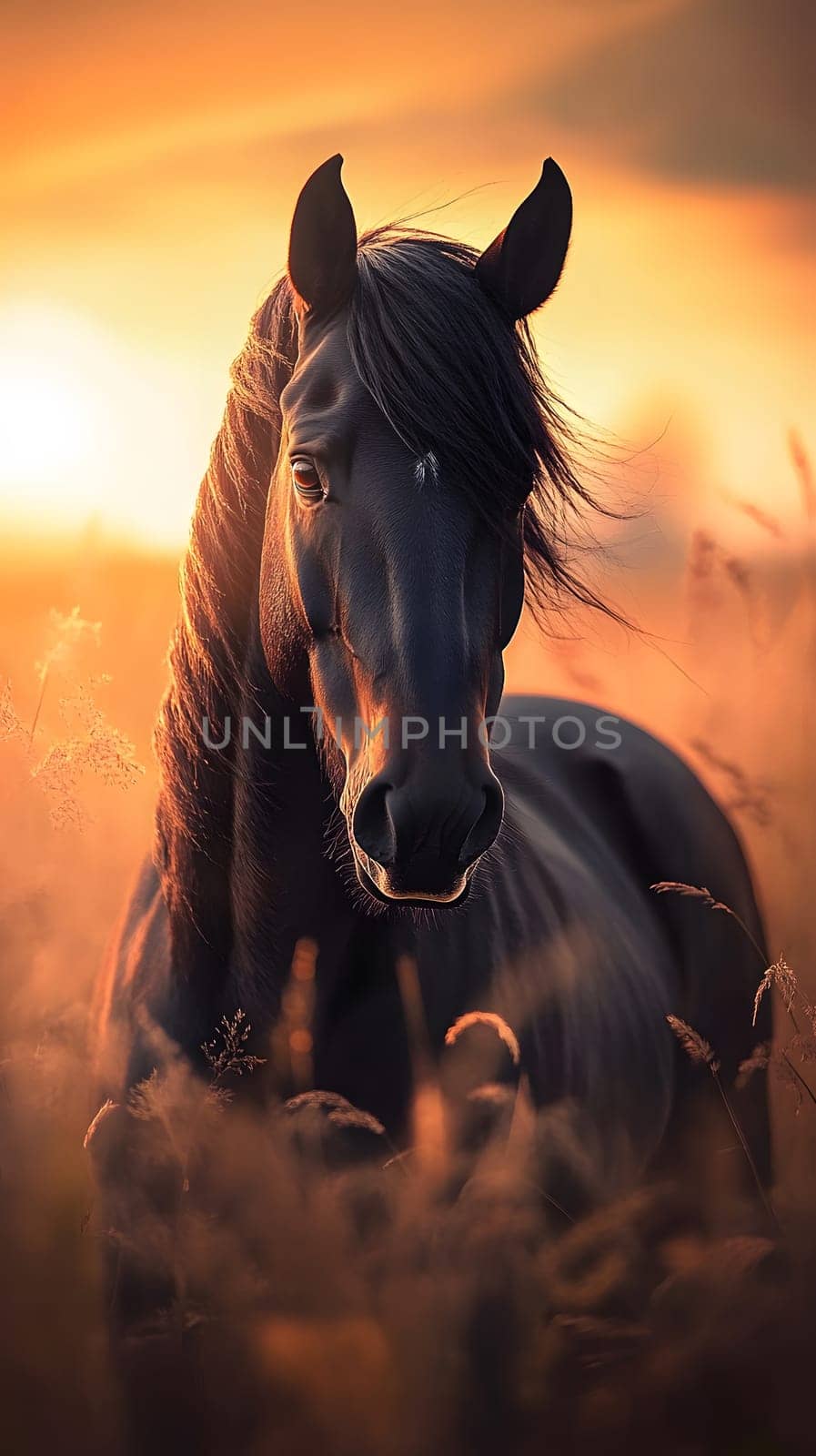 A majestic black horse stands in a sunlit field at sunset.