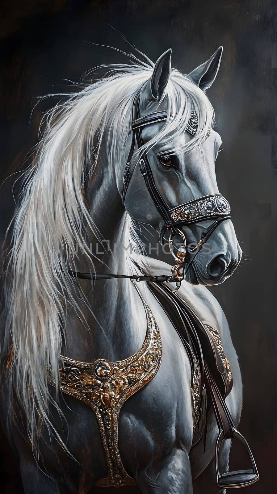 A majestic gray horse with a flowing mane and ornate bridle.