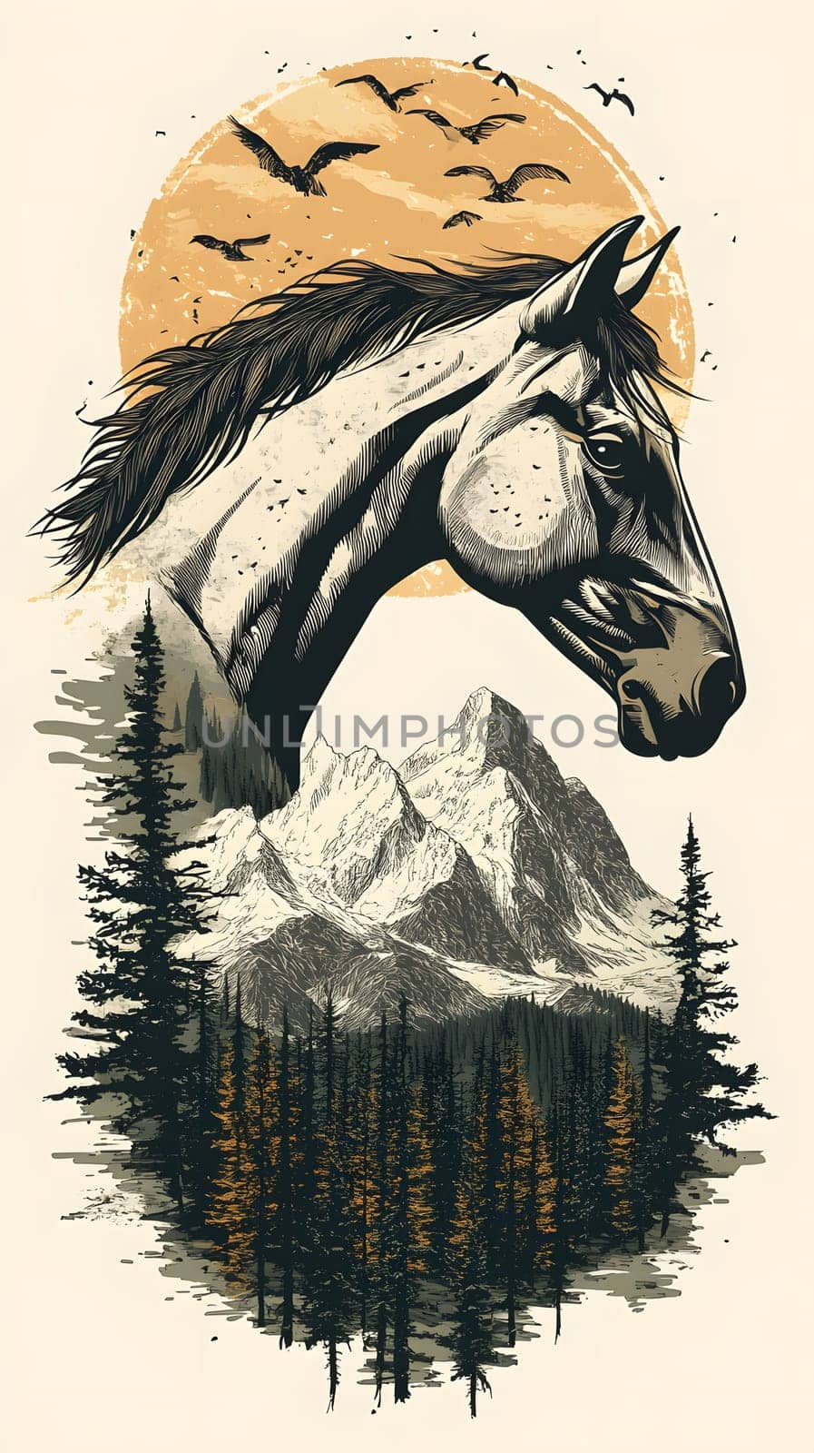 A majestic horse silhouette against mountains and a sunset backdrop.
