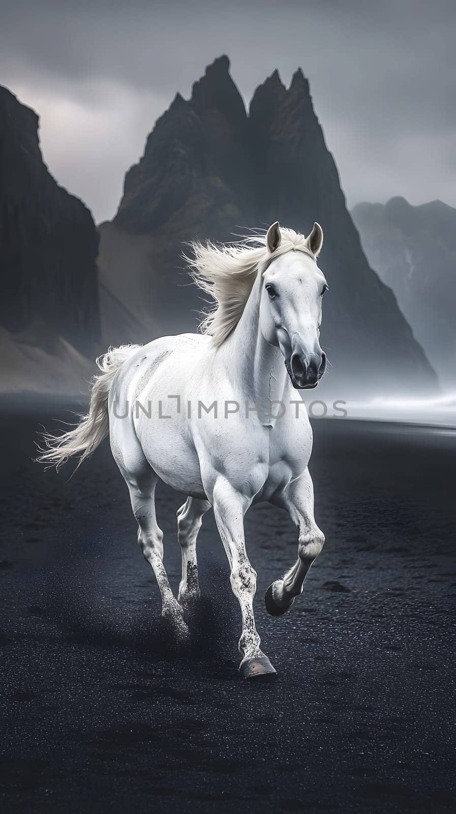 A majestic white horse galloping on a dark beach landscape.