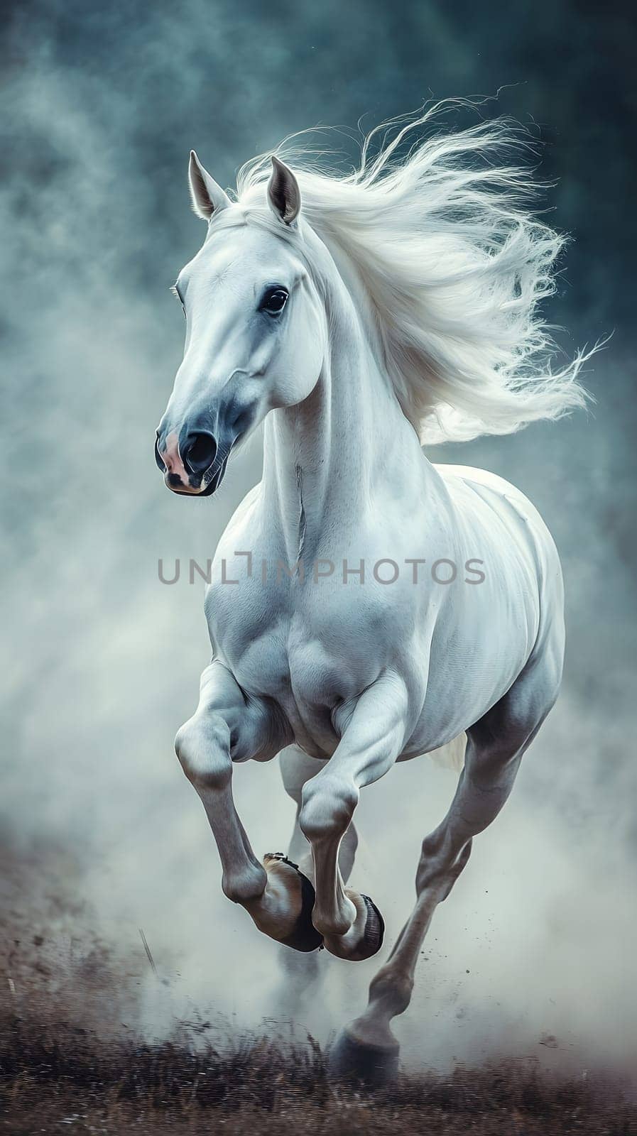A majestic white horse galloping through misty surroundings.