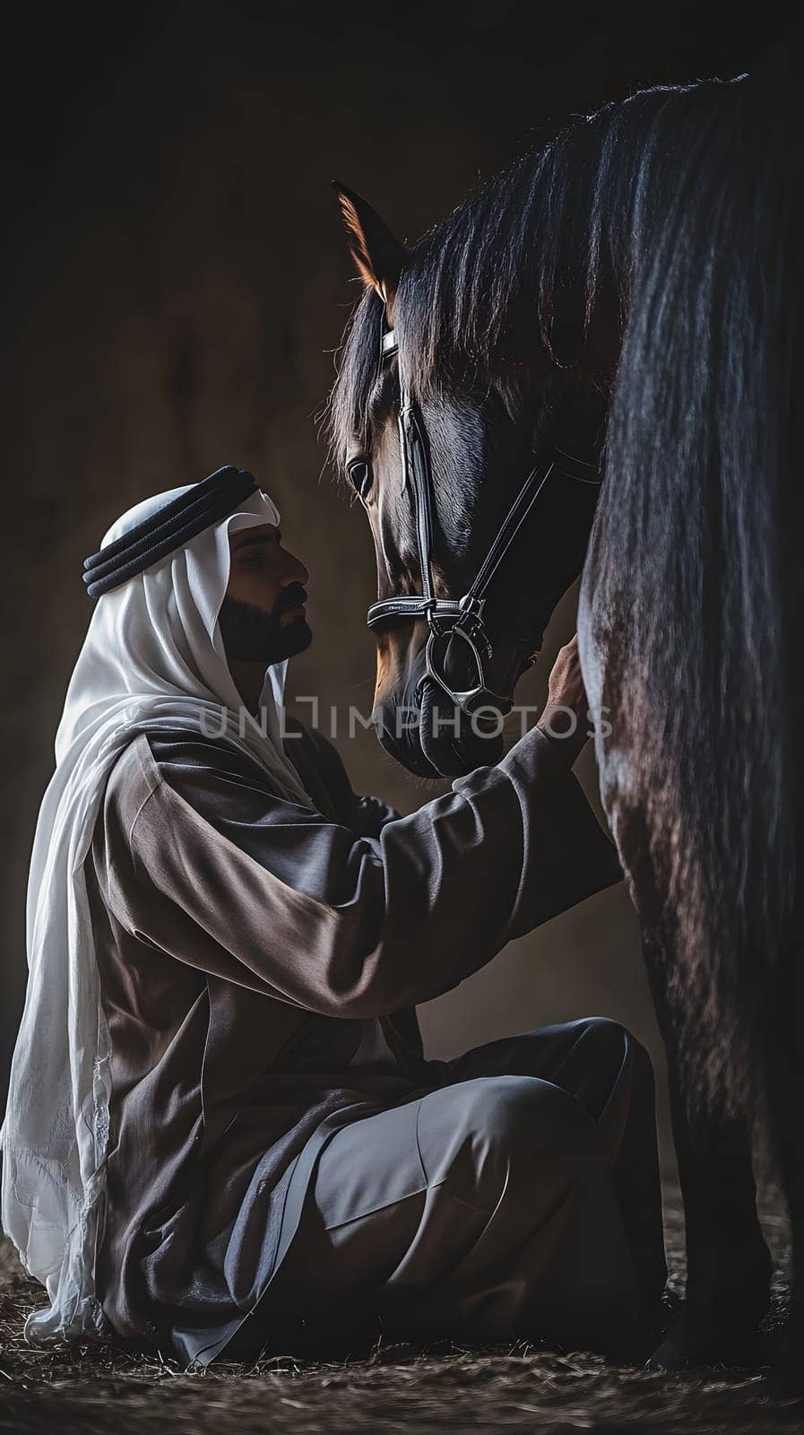 A man in traditional attire interacting gently with a horse.