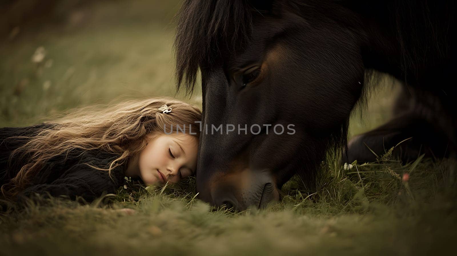 A serene moment between a girl and a horse in a natural setting.
