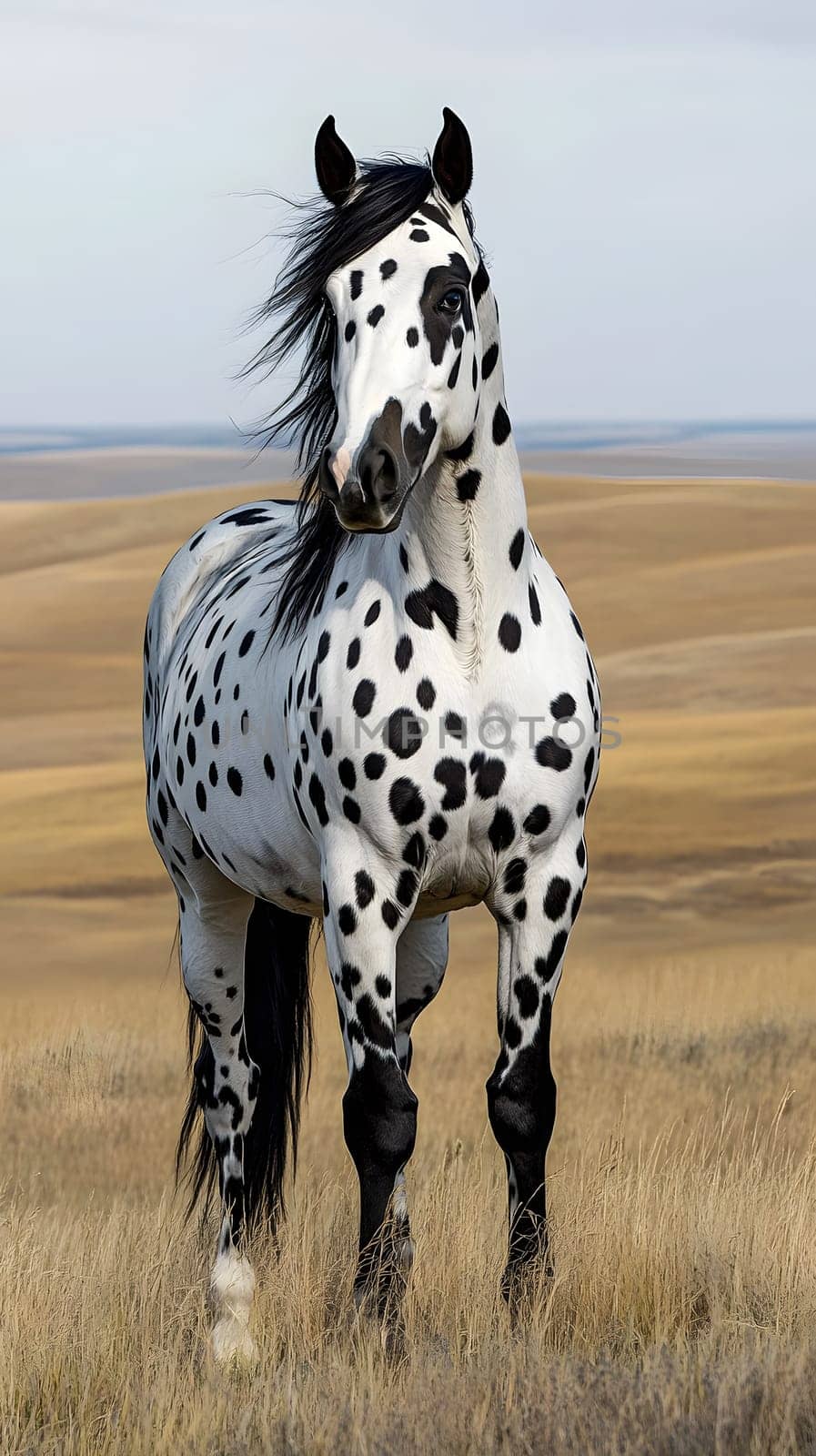 A striking spotted horse stands majestically in a vast landscape.